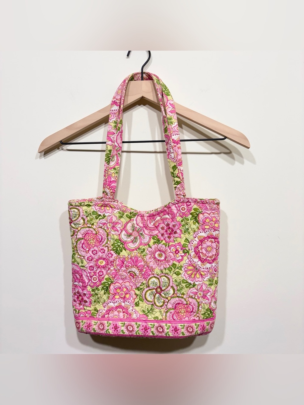 Vintage Vera Bradley Y2K Petal Pink Quilted Tote Bag Green Floral Shoulder Purse